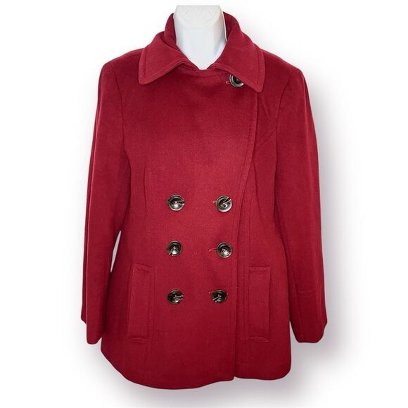 Calvin Klein Burgundy Wine Red Pea Coat Double Breasted Winter Wool Blend 10 - Picture 1 of 13